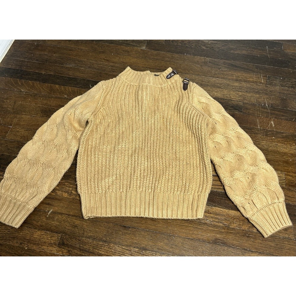 Janie & Jack Girls Chunky Knit Tan Long Sleeve Sweater W/ Accent Leather Size 5